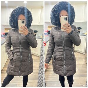 Women's Brown Quilted Jacket with Faux Fur Hood